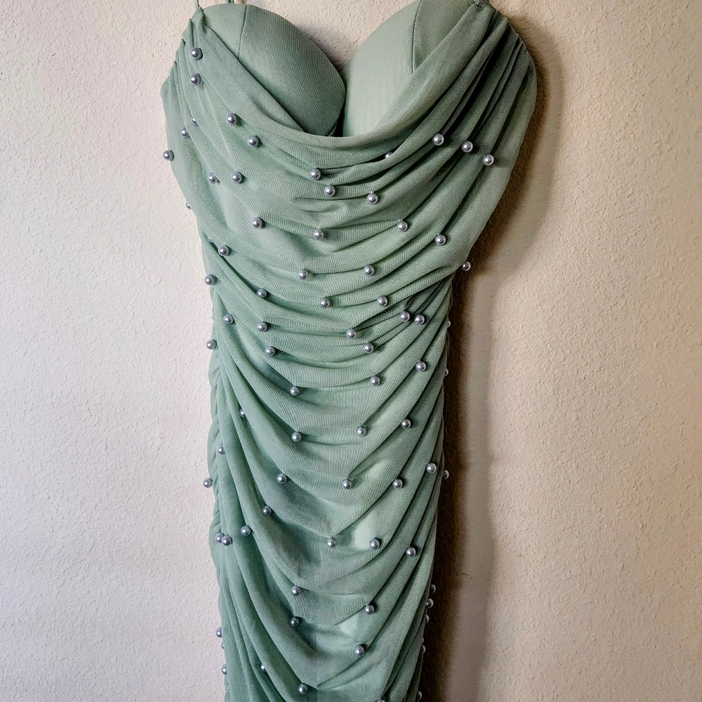 Privy Mint Green Dress with Pearl Details And Adjustable Straps